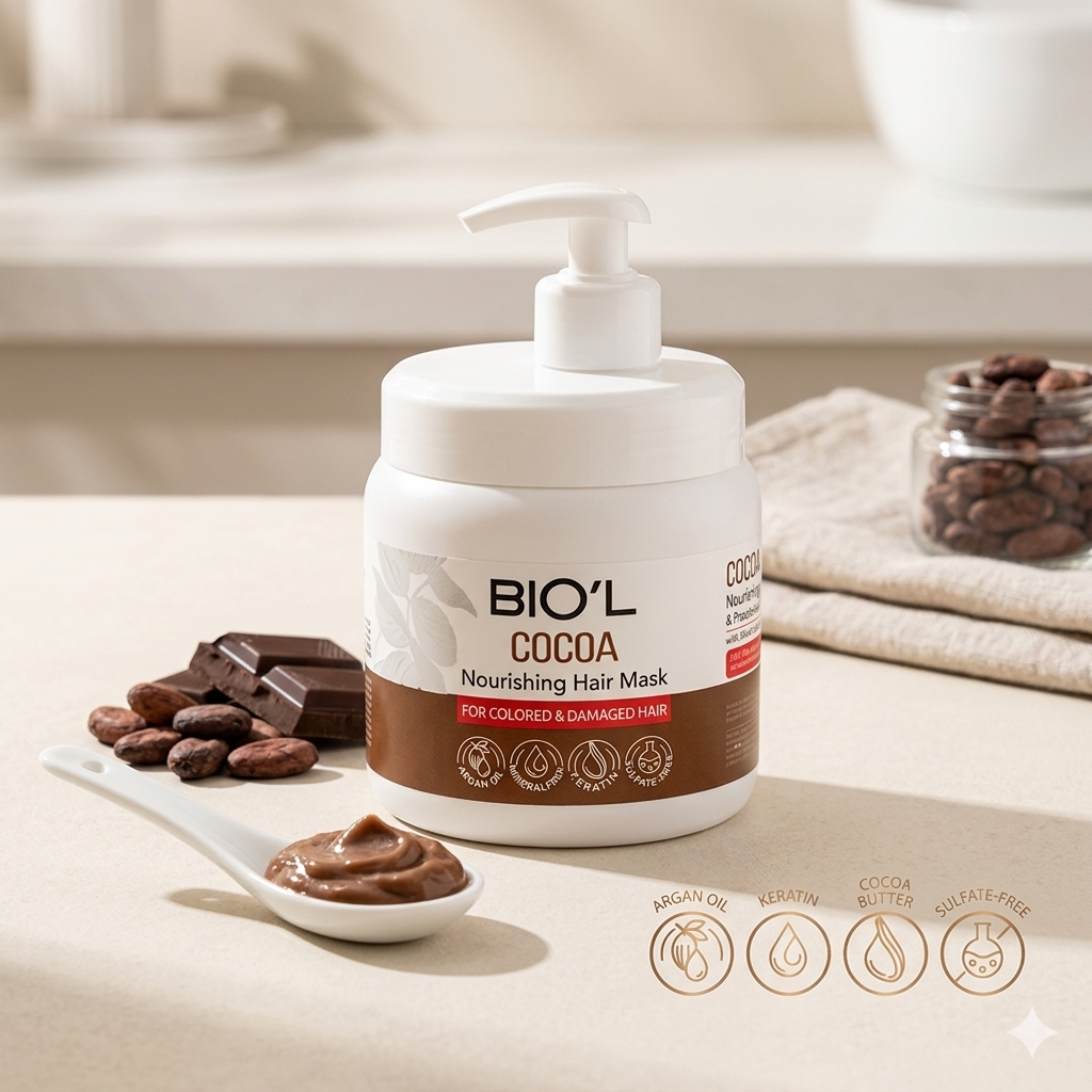 ماسک مو مغذی بیول (Bio'l) مدل Cocoa حجم 500 میلی‌لیتر – مخصوص موهای رنگ شده و آسیب دیده