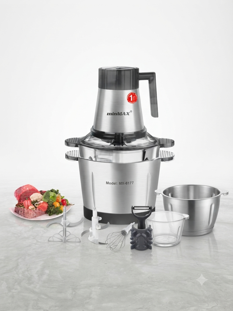 خردکن برقی ۱۸۰۰ وات مین‌مکس (MinMAX) مدل MX-6177؛ قدرتمند، دو کاسه و حرفه‌ای